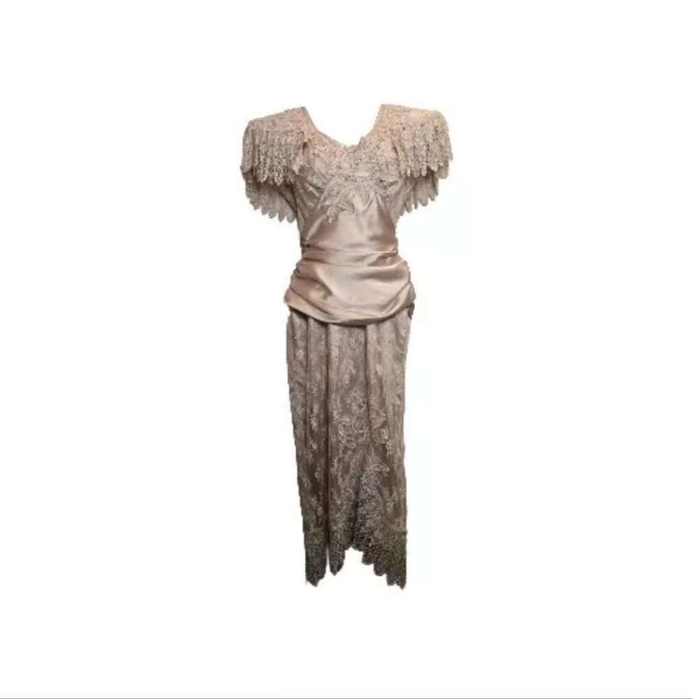 Lorrie Kabala Dress Vinage 80s Victorian Style Champaign Ruched Lace Beaded Sz 4